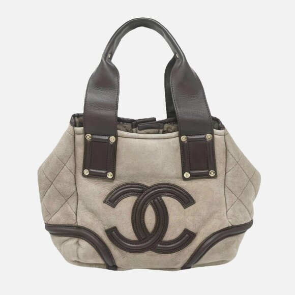 CHANEL Vintage CC Big Logo Tote Bag Boa Black Gold Suede Rank AB [102539] - Picture 7 of 13